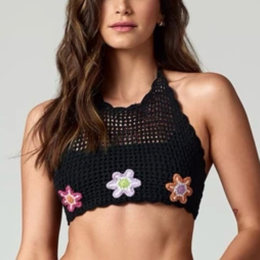 Vintage Jalate “Ruthie” Black Crochet Halter Top – Y2K Flower Power Sz Small